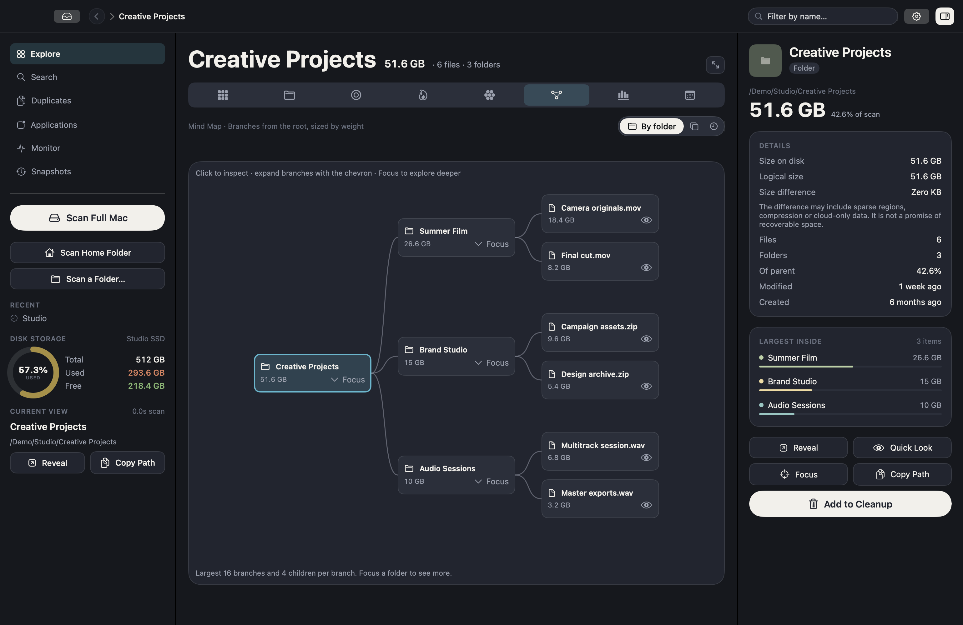 DiskWright Mind Map showing expandable folder branches with fictional project files