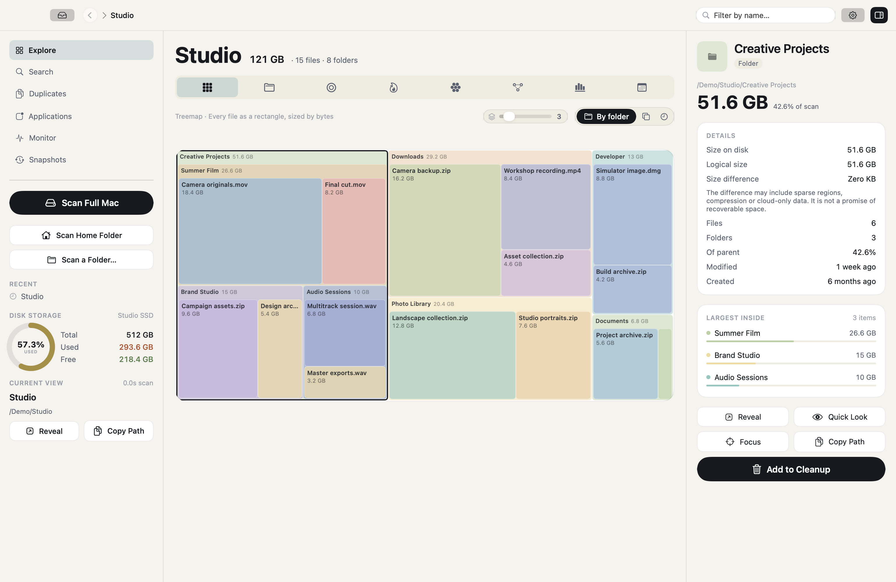 DiskWright native Mac interface showing a nested storage treemap and ranked file inspector with sample data